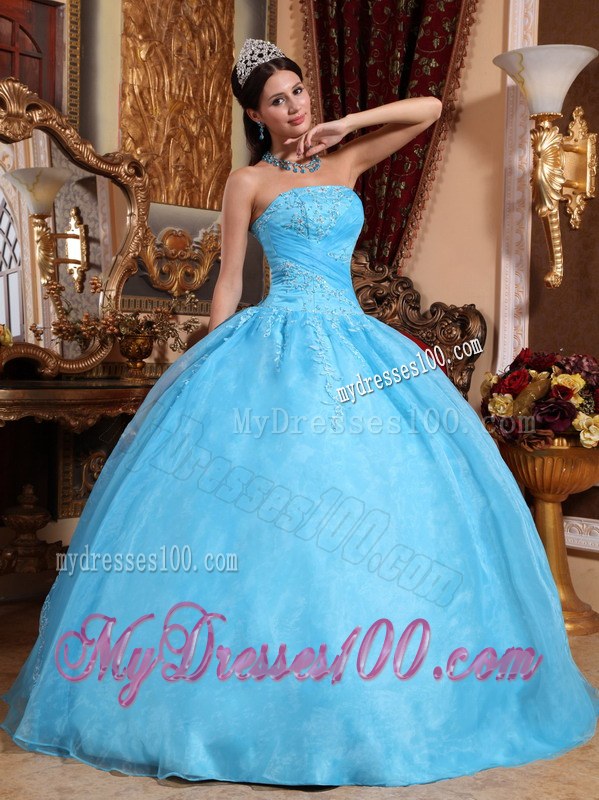 Appliques Aqua Blue Quinceaneras Dress with Sheer Organza