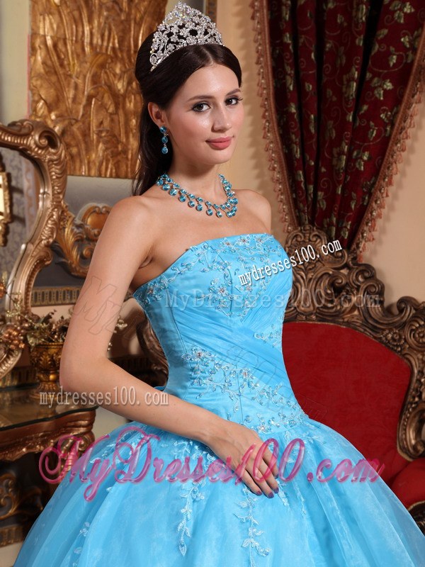 Appliques Aqua Blue Quinceaneras Dress with Sheer Organza