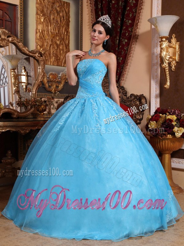Appliques Aqua Blue Quinceaneras Dress with Sheer Organza