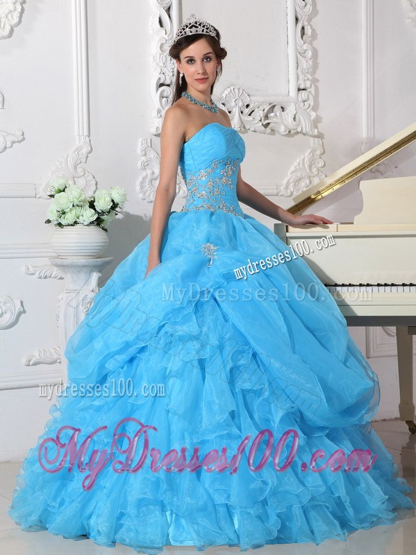 Aqua Blue Pleated Ball Gown Strapless Ruffled Dress for Sweet 15 Appliques