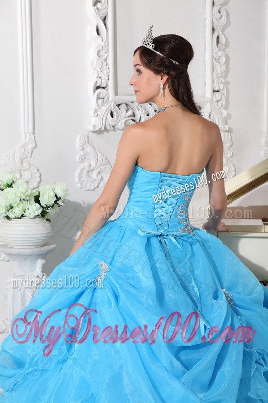 Aqua Blue Pleated Ball Gown Strapless Ruffled Dress for Sweet 15 Appliques