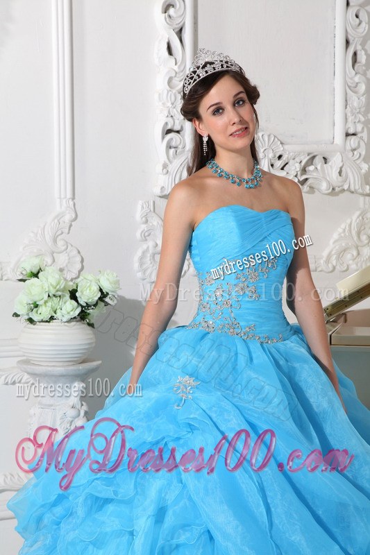 Aqua Blue Pleated Ball Gown Strapless Ruffled Dress for Sweet 15 Appliques