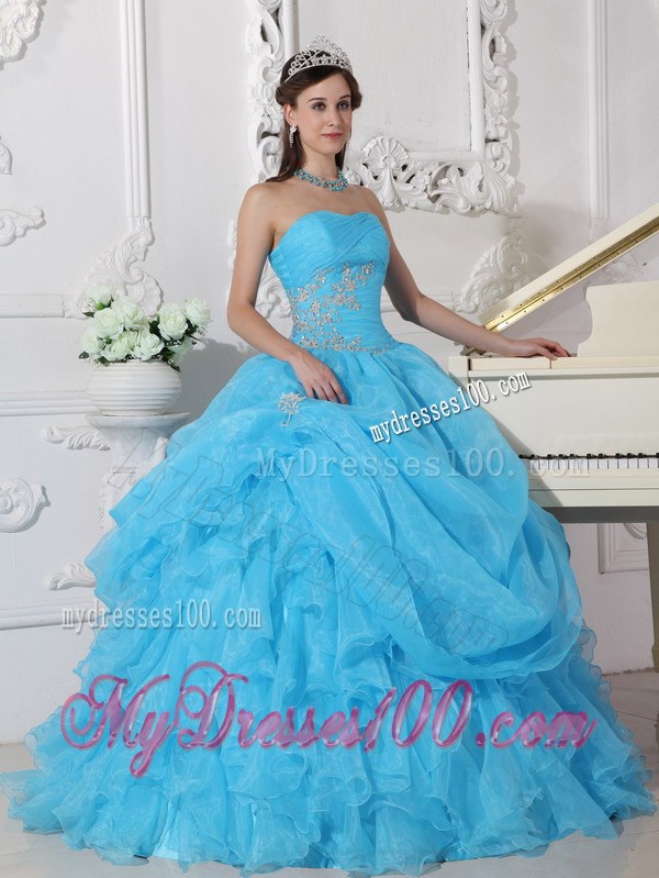 Aqua Blue Pleated Ball Gown Strapless Ruffled Dress for Sweet 15 Appliques