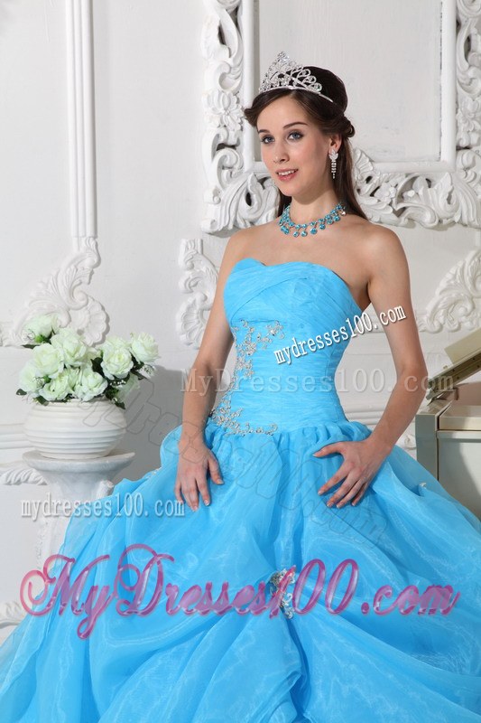 Aqua Blue Pleated Ball Gown Strapless Ruffled Dress for Sweet 15 Appliques