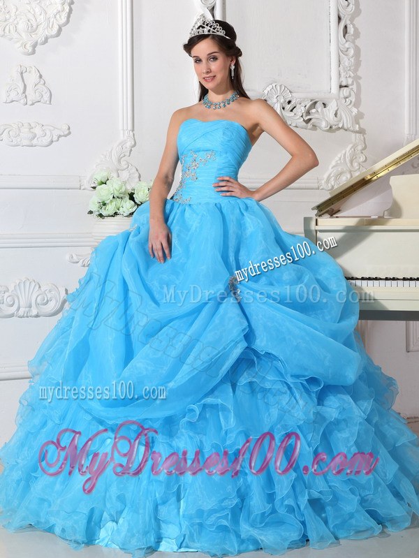 Aqua Blue Pleated Ball Gown Strapless Ruffled Dress for Sweet 15 Appliques