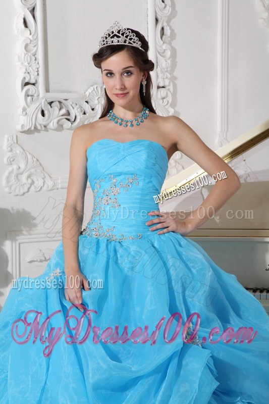 Aqua Blue Pleated Ball Gown Strapless Ruffled Dress for Sweet 15 Appliques
