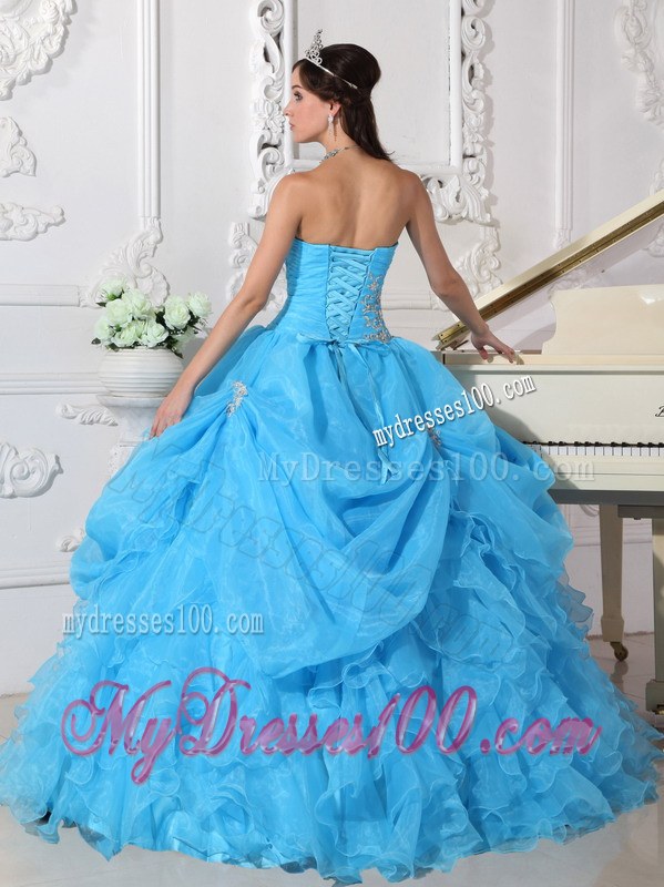 Aqua Blue Pleated Ball Gown Strapless Ruffled Dress for Sweet 15 Appliques
