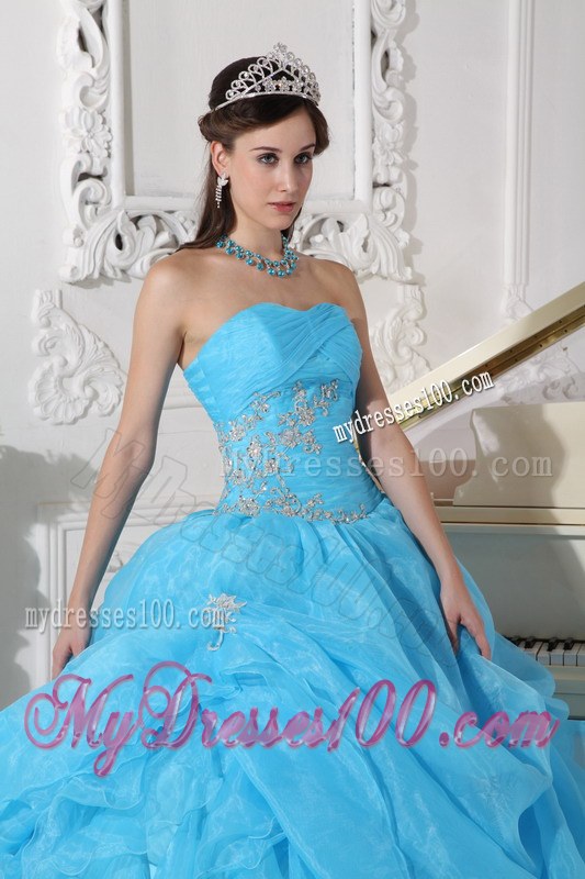 Aqua Blue Pleated Ball Gown Strapless Ruffled Dress for Sweet 15 Appliques