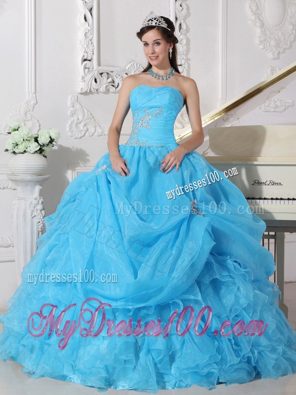 Aqua Blue Pleated Ball Gown Strapless Ruffled Dress for Sweet 15 Appliques