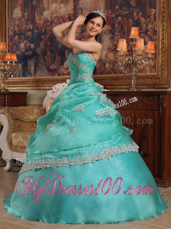 Turquoise Sweet Sixteen Quinceanera Dresses with White Lace Hem