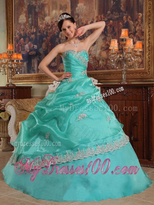 Turquoise Sweet Sixteen Quinceanera Dresses with White Lace Hem