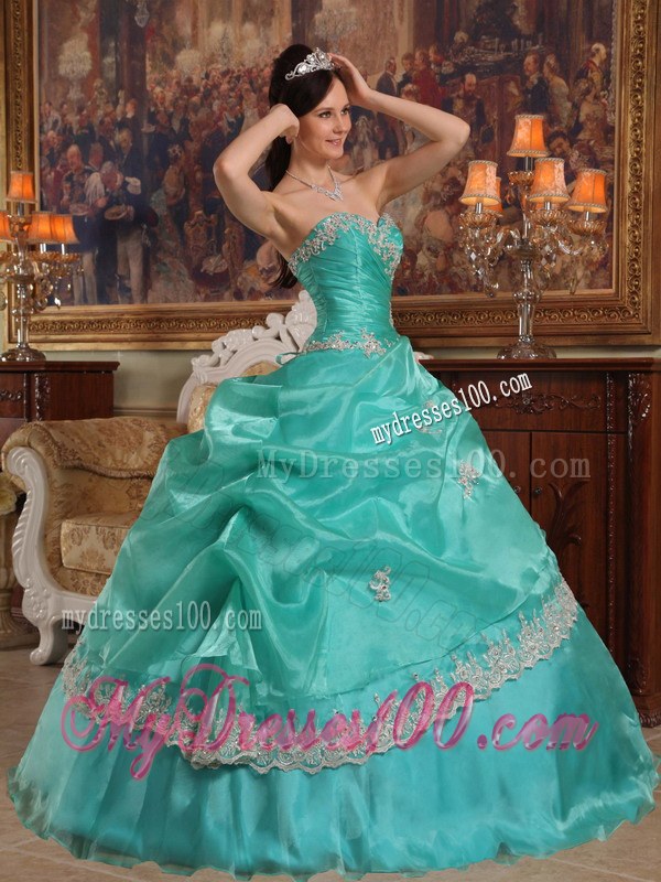 Turquoise Sweet Sixteen Quinceanera Dresses with White Lace Hem