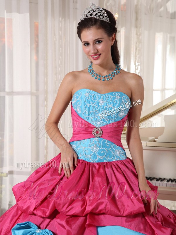 Aqua Blue and Hot Pink Layered Dresses for A Quinceanera