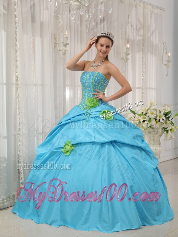 Aqua Blue Ball Gown Strapless Beading Dress for Quinces with Pick-ups