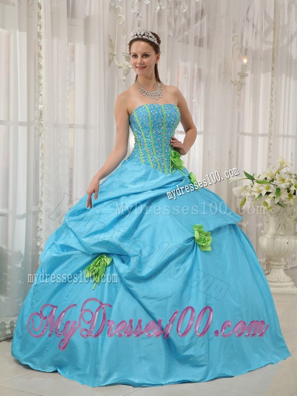 Aqua Blue Ball Gown Strapless Beading Dress for Quinces with Pick-ups