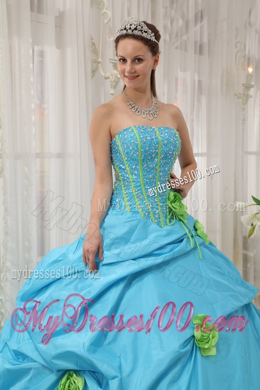 Aqua Blue Ball Gown Strapless Beading Dress for Quinces with Pick-ups
