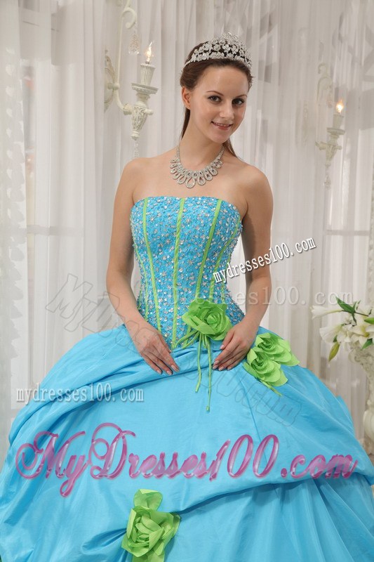 Aqua Blue Ball Gown Strapless Beading Dress for Quinces with Pick-ups