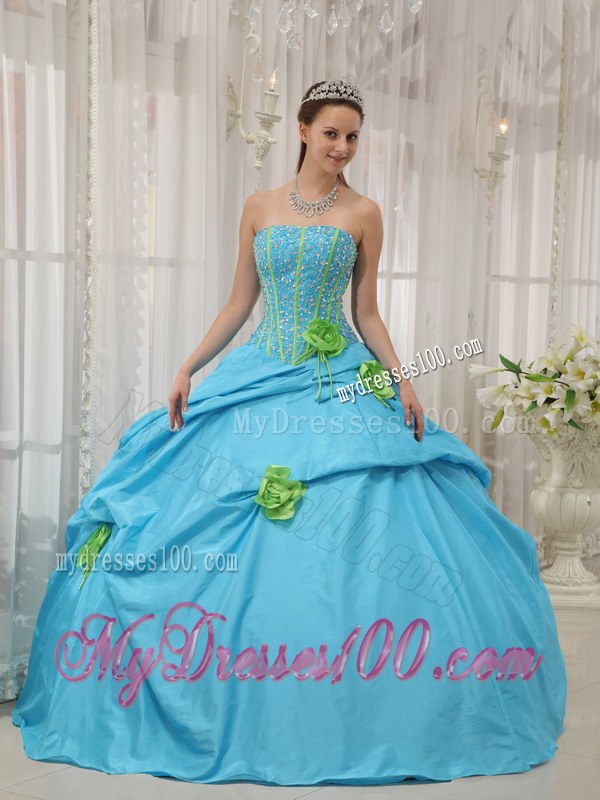 Aqua Blue Ball Gown Strapless Beading Dress for Quinces with Pick-ups