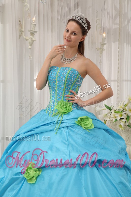 Aqua Blue Ball Gown Strapless Beading Dress for Quinces with Pick-ups
