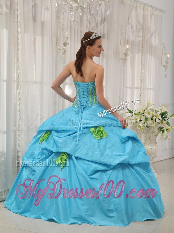 Aqua Blue Ball Gown Strapless Beading Dress for Quinces with Pick-ups
