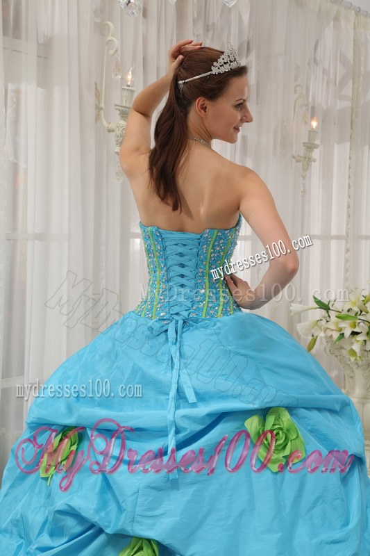 Aqua Blue Ball Gown Strapless Beading Dress for Quinces with Pick-ups