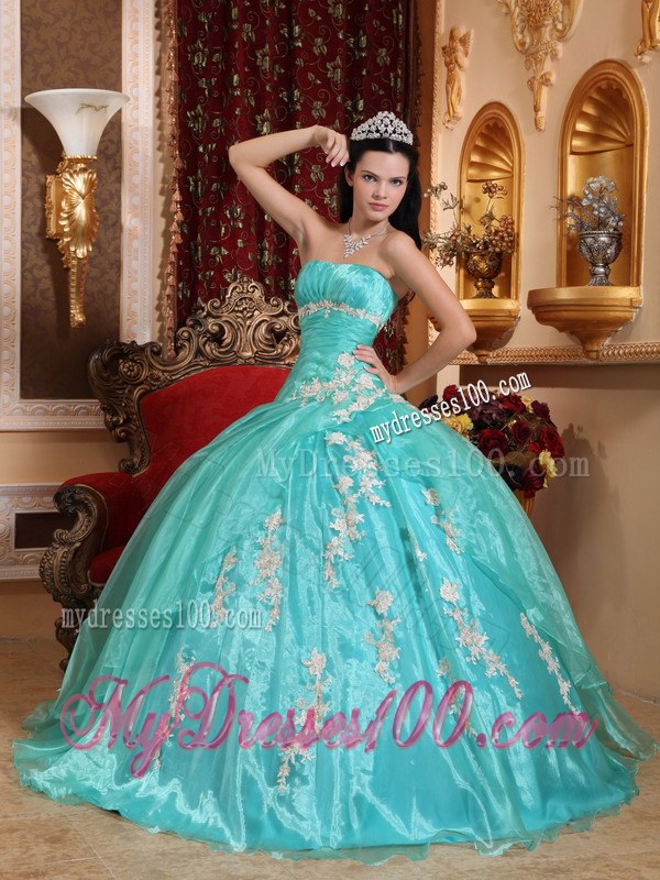 Aqua Blue Puffy Dresses for A Quince Decored White Appliques