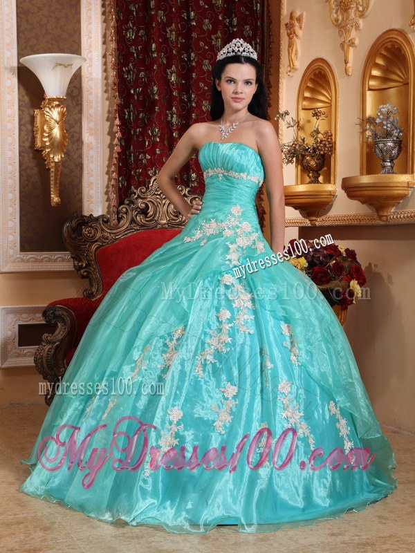 Aqua Blue Puffy Dresses for A Quince Decored White Appliques