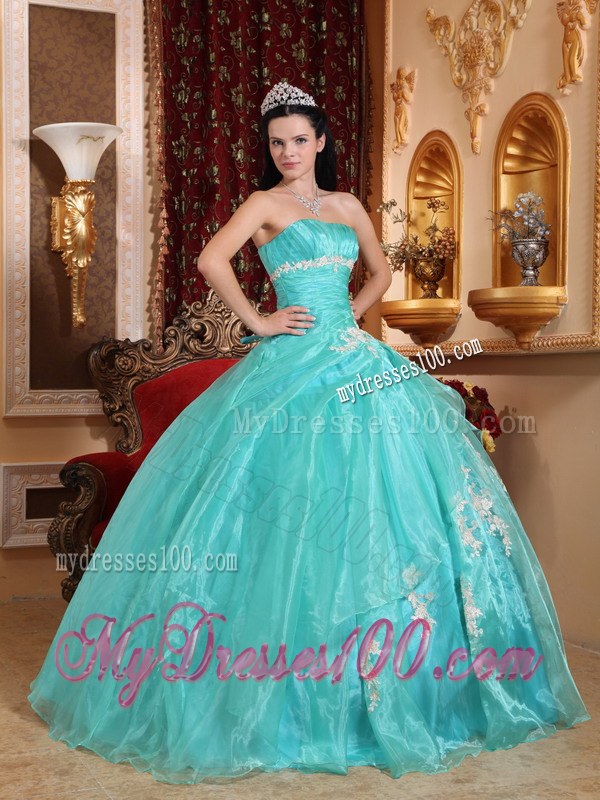 Aqua Blue Puffy Dresses for A Quince Decored White Appliques