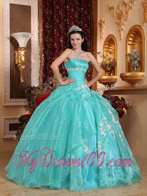 Aqua Blue Puffy Dresses for A Quince Decored White Appliques