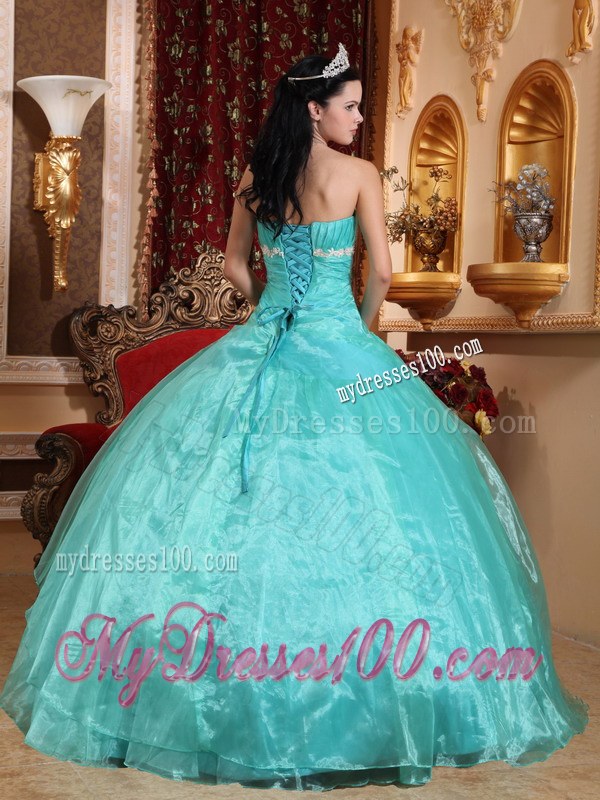 Aqua Blue Puffy Dresses for A Quince Decored White Appliques