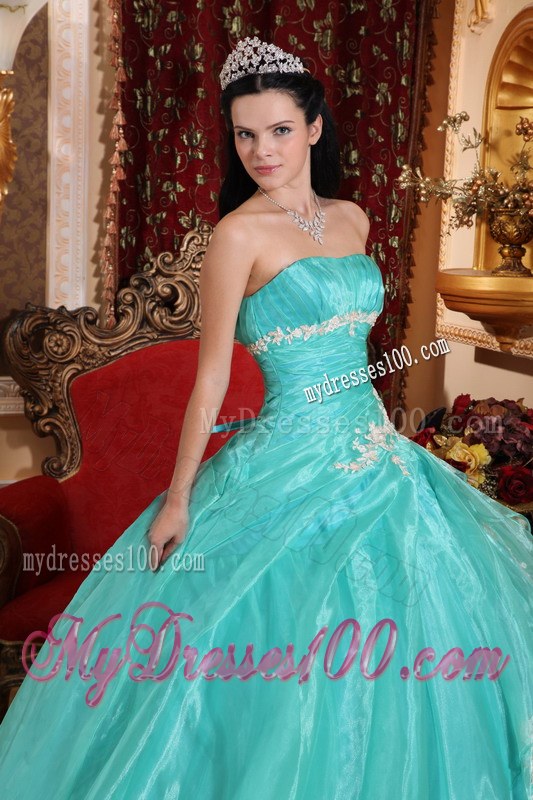 Aqua Blue Puffy Dresses for A Quince Decored White Appliques