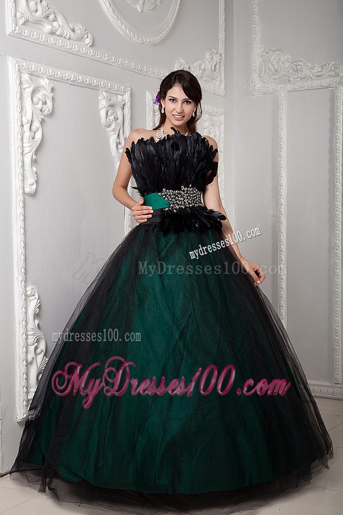 Black and Green Sweet Sixteen Dresses with Wide Belt and Feather