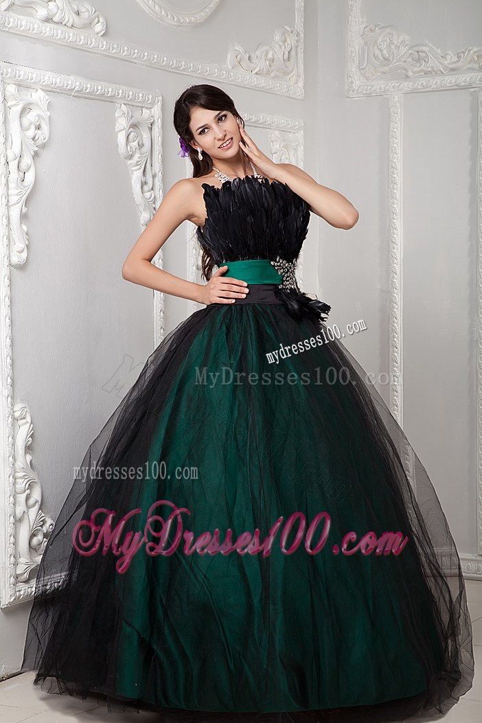 Black and Green Sweet Sixteen Dresses with Wide Belt and Feather