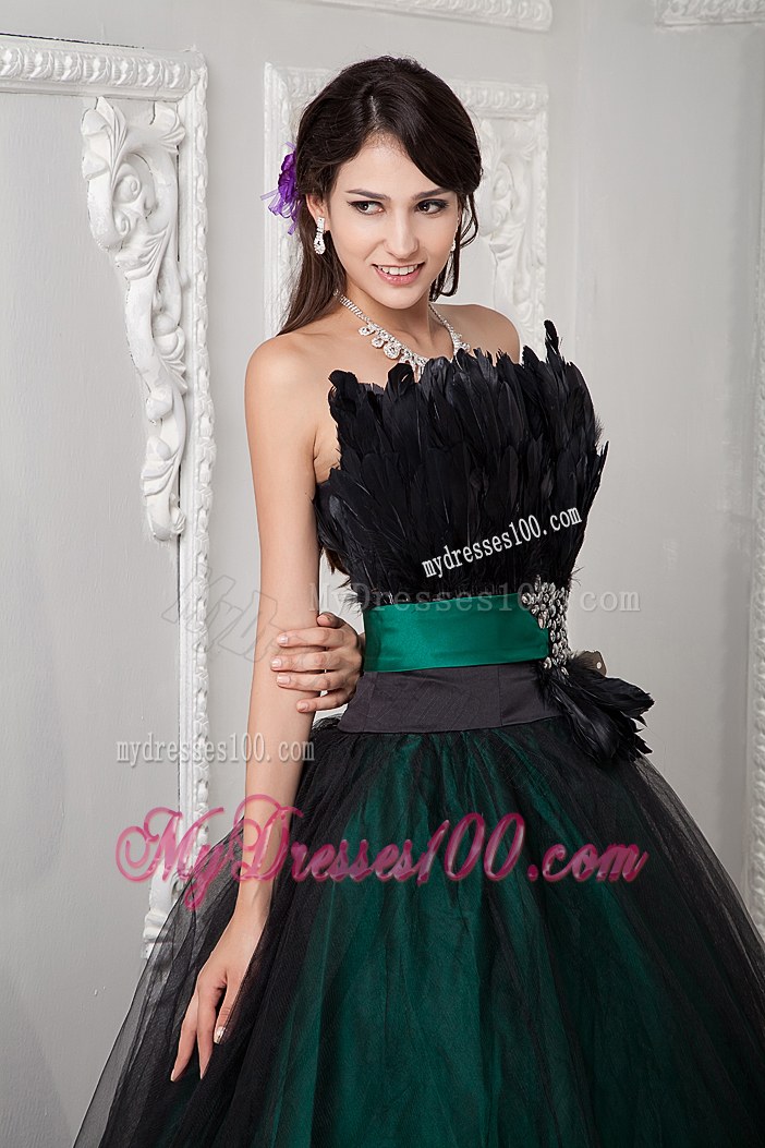 Black and Green Sweet Sixteen Dresses with Wide Belt and Feather