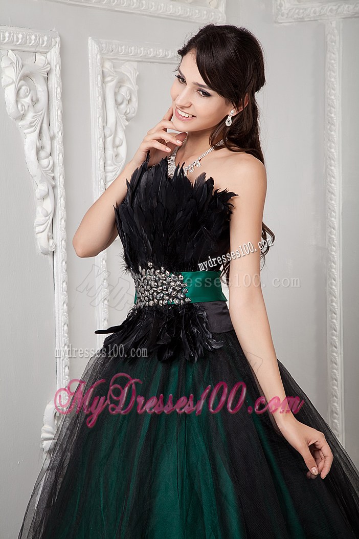 Black and Green Sweet Sixteen Dresses with Wide Belt and Feather