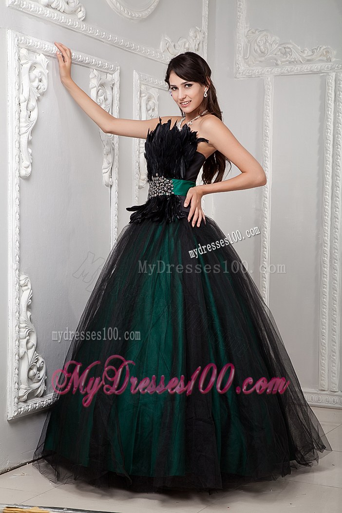 Black and Green Sweet Sixteen Dresses with Wide Belt and Feather