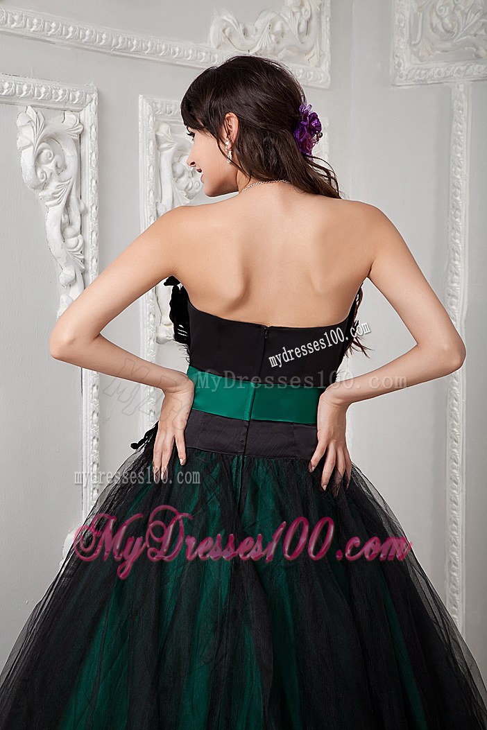 Black and Green Sweet Sixteen Dresses with Wide Belt and Feather