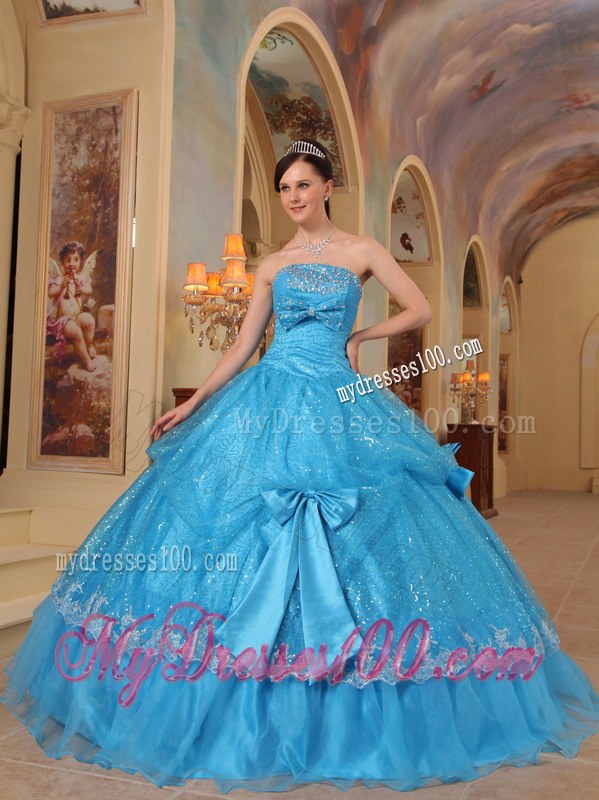 Sequins Blue Ball Gown Strapless Quinceanera Dress with Bows