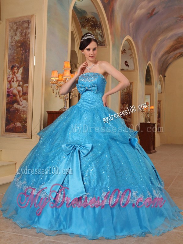 Sequins Blue Ball Gown Strapless Quinceanera Dress with Bows
