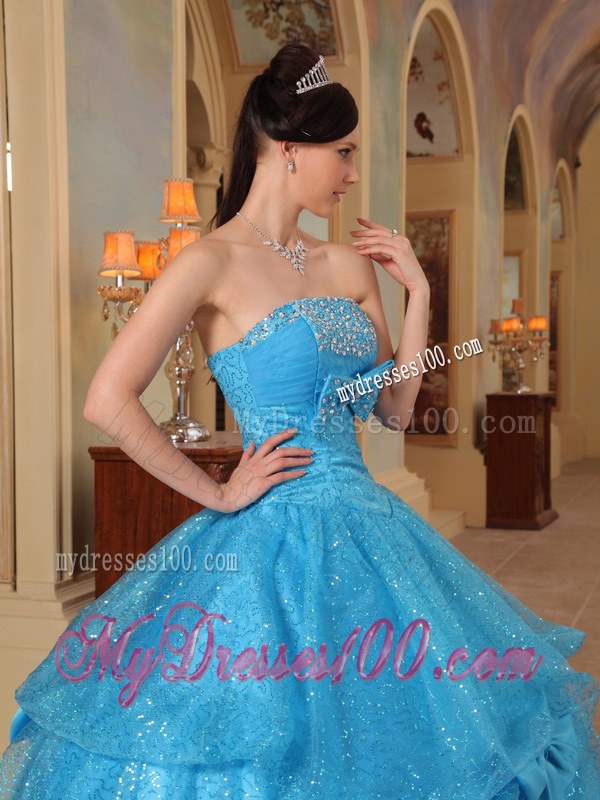 Sequins Blue Ball Gown Strapless Quinceanera Dress with Bows