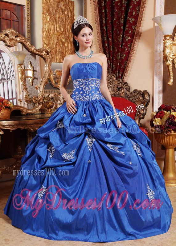 Blue Ball Gown Strapless Appliques Dress for Quince with Pick-ups