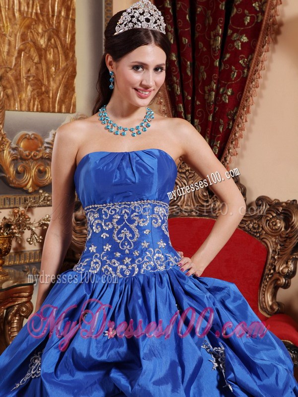 Blue Ball Gown Strapless Appliques Dress for Quince with Pick-ups