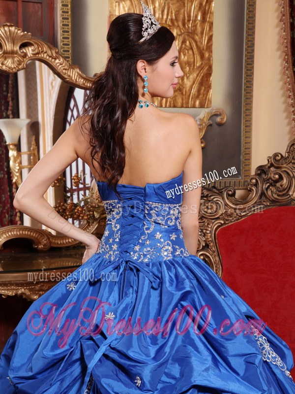 Blue Ball Gown Strapless Appliques Dress for Quince with Pick-ups