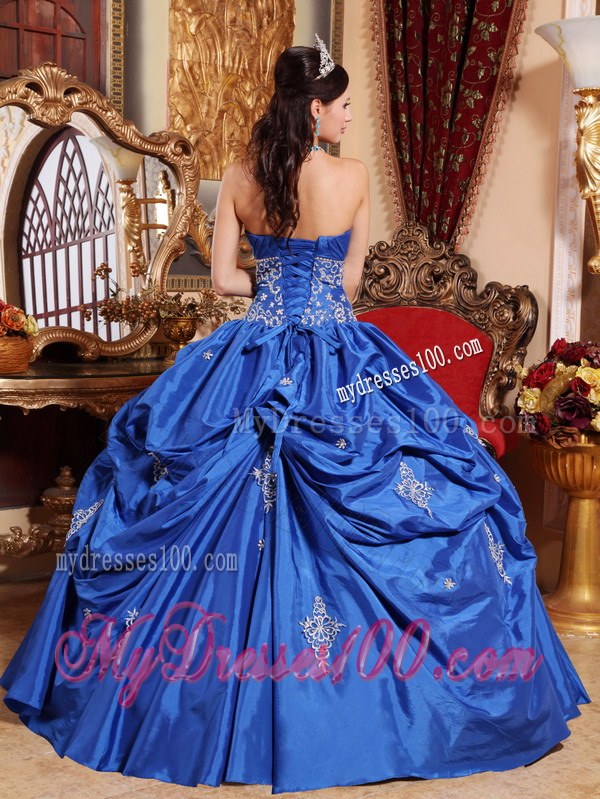 Blue Ball Gown Strapless Appliques Dress for Quince with Pick-ups