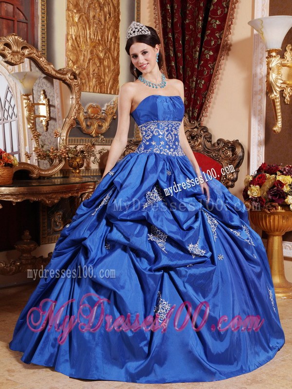 Blue Ball Gown Strapless Appliques Dress for Quince with Pick-ups