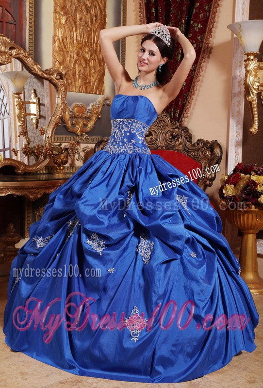 Blue Ball Gown Strapless Appliques Dress for Quince with Pick-ups