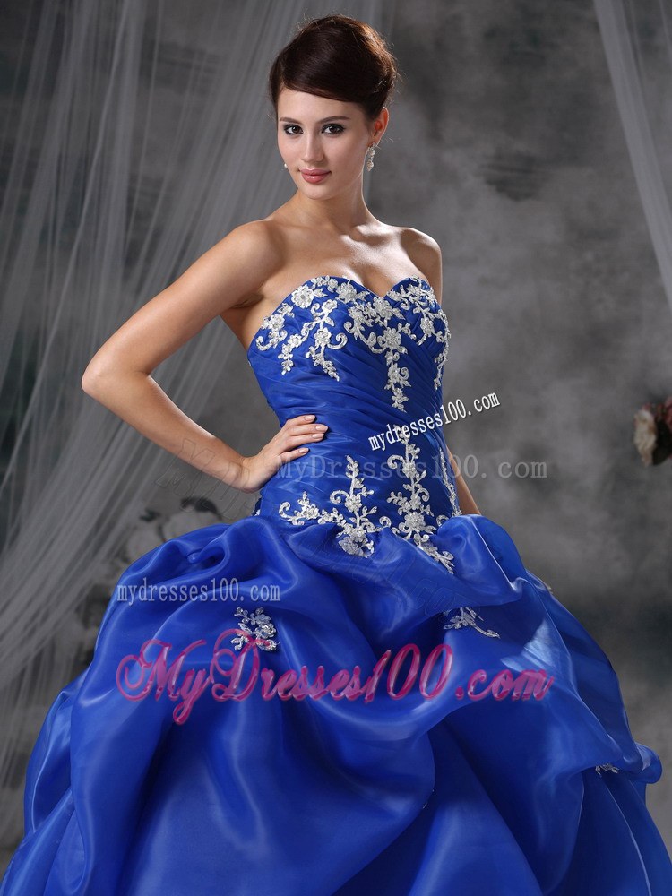 Blue Ball Gown Sweetheart Floor-length Organza Appliques Quincea
