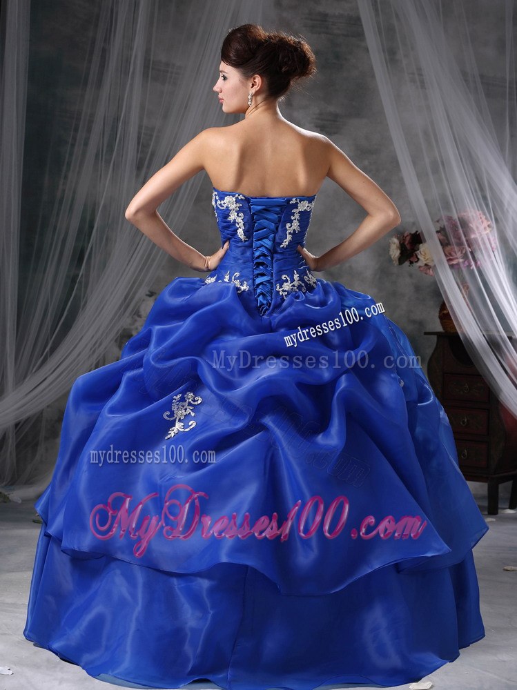 Blue Ball Gown Sweetheart Floor-length Organza Appliques Quincea