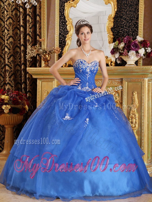 Blue Ruffles Quince Dresses for Appliques and Puffy Skirt