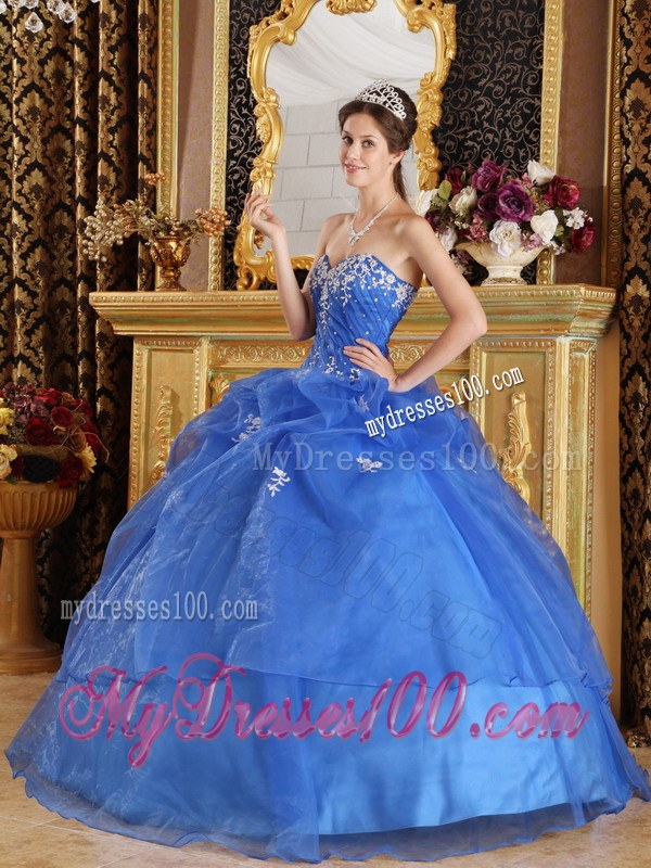 Blue Ruffles Quince Dresses for Appliques and Puffy Skirt